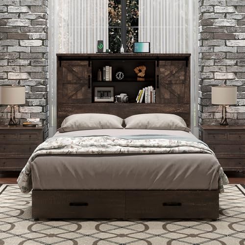 HOWE King Size Bed Frame, Wood Platform Bed Frame with 51.2" Bookcase Headboard, Storage Bed with Sliding Barn Door Charging Station 2 Drawers
