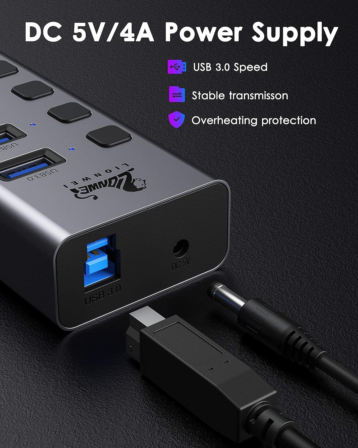 Universal 8-Port Powered USB 3.0/USB C Hub, Aluminum USB Splitter with 6 USB 3.0 Data Ports, SD/TF Card Readers, On/Off Power Switches, AC Adapter