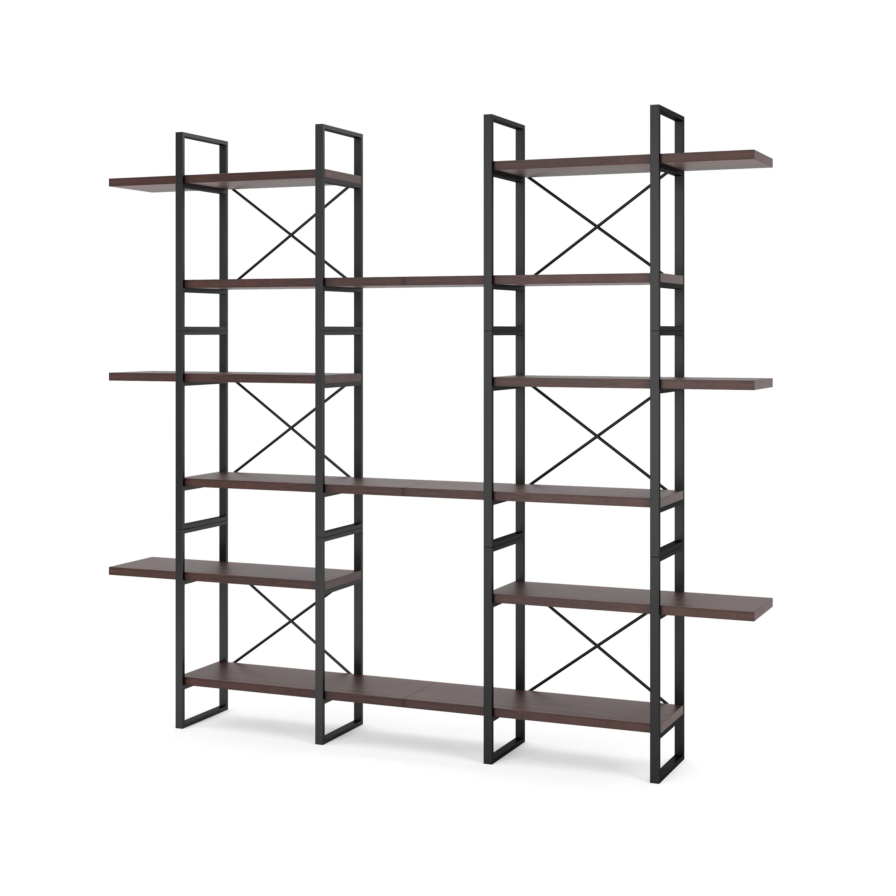 Davee Dark Walnut Color 6-Tiers Industrial Style Bookcase - 85" H x 94.5" W x 12.6" D
