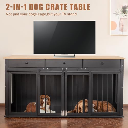 Sunseen Dog Crate Furniture Large Breed Wooden Dog Kennel with Room Divider & 3 Drawer