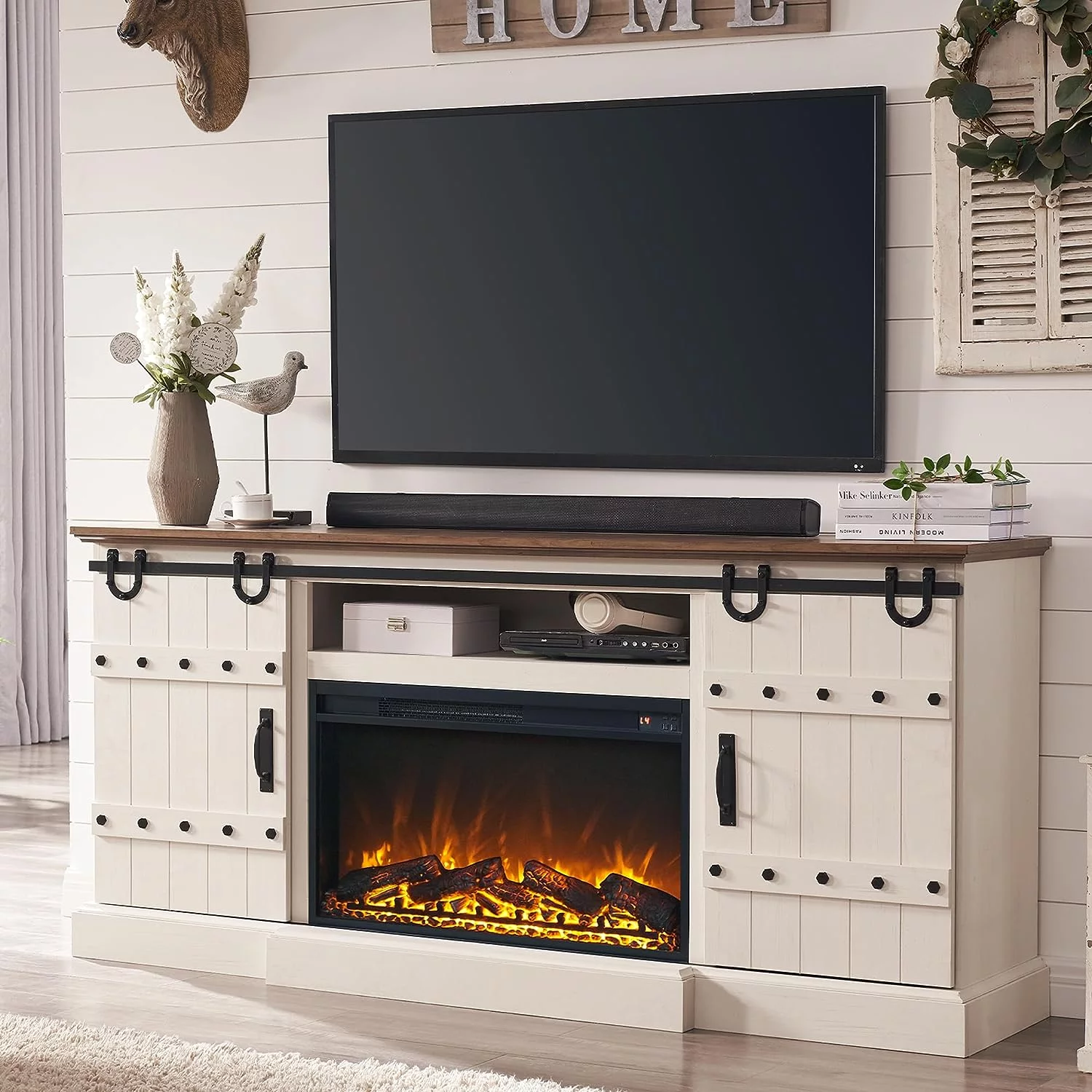 OKD 70 Fireplace TV Stand for TVs up to 80 with 30 Electric Fireplace. Farmhouse Entertainment Center. Antique White