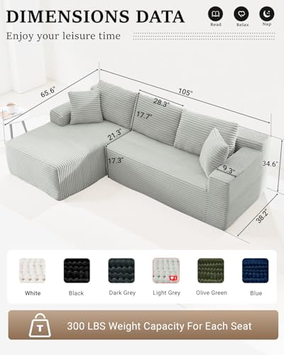 105 Inch Cloud Sectional Couch,Modern Modular Sectional Sofa with Deep Seat,Corduroy Boneless Couches with L-Shape Chaise for Living Room Bedroom