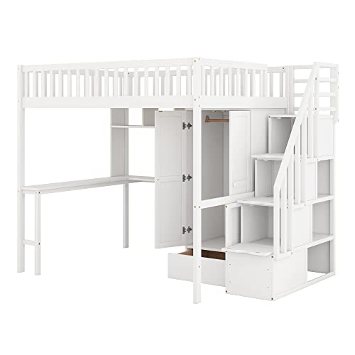 Twin Loft Bed with Staircase, Desk and Wardrobe, Wood Loft Bed with Storage Shelves and Safety Guardrail