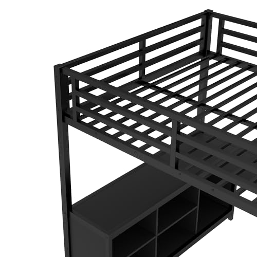 Bellemave Queen Size loft Bed with L Desk, Wardrobe, Metal Queen Loft Bed Frame for Adults, Kids, Teens, Black