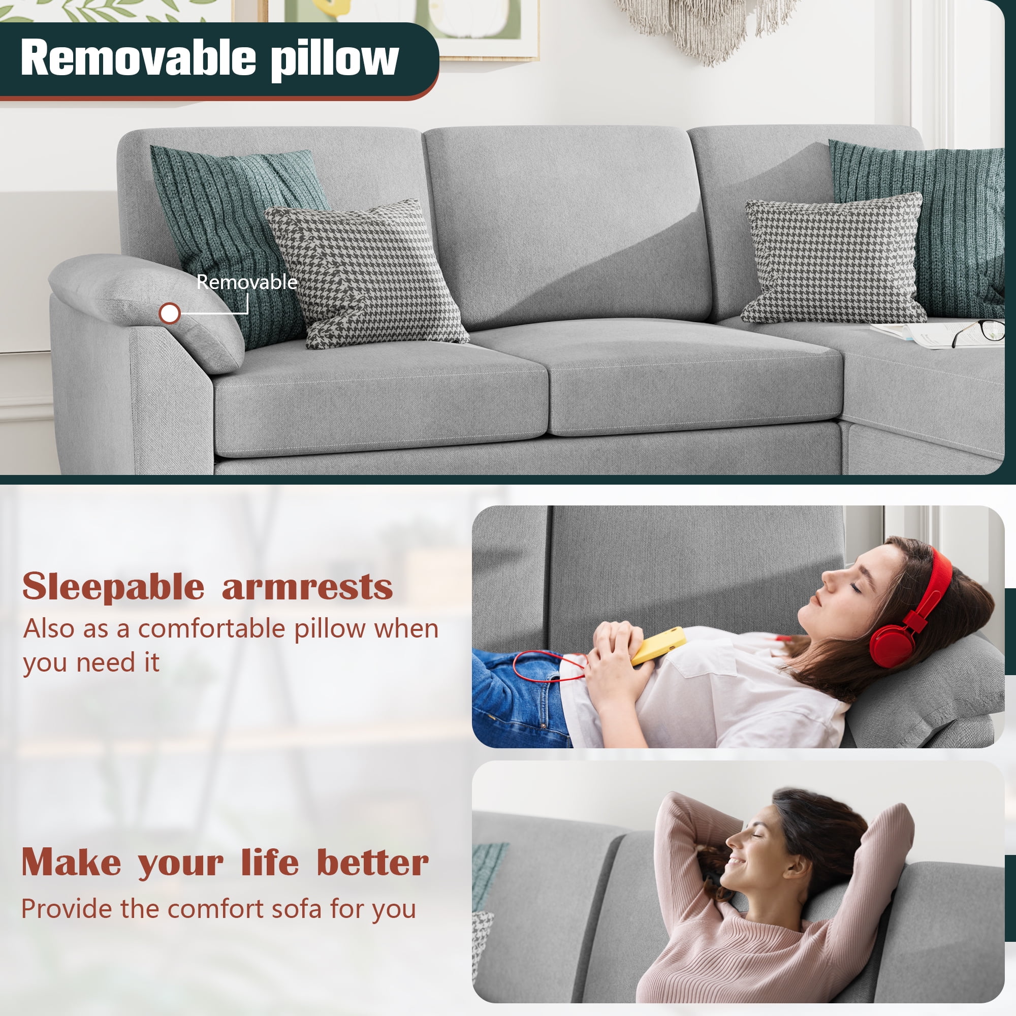 Walsunny 79 Convertible Sectional Sofa Couch,Linen Fabric L Shaped Sofa with Removable Pillows Dark Gray