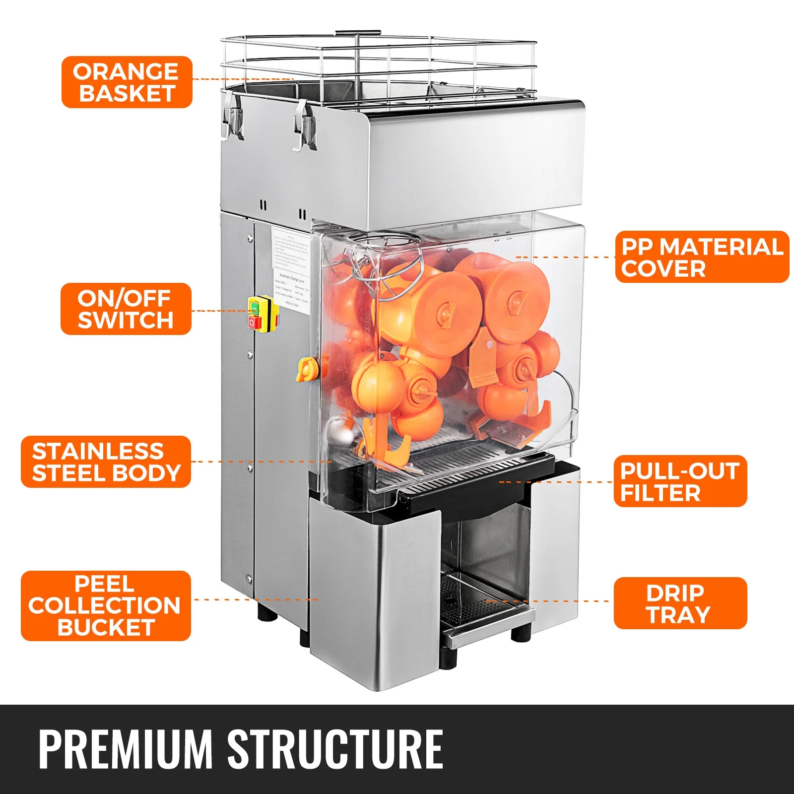 BENTISM 110V Commercial Orange Juicer Machine, Automatic Feeding 120W, 20-30 Oranges Per Minute