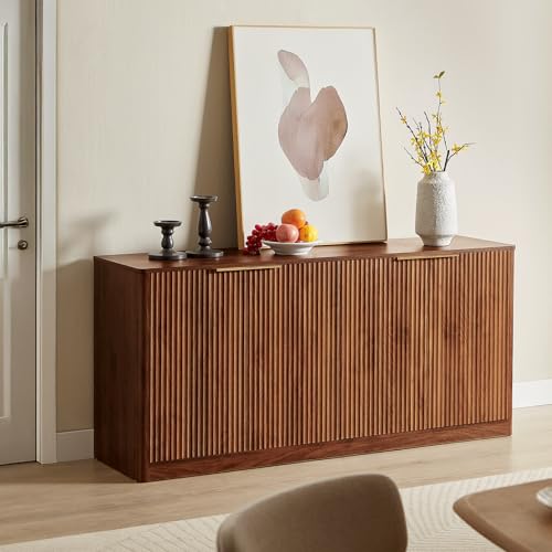 67" Fluted Oak Buffet Cabinet Sideboard with Storage, Large Credenza with 6 Doors