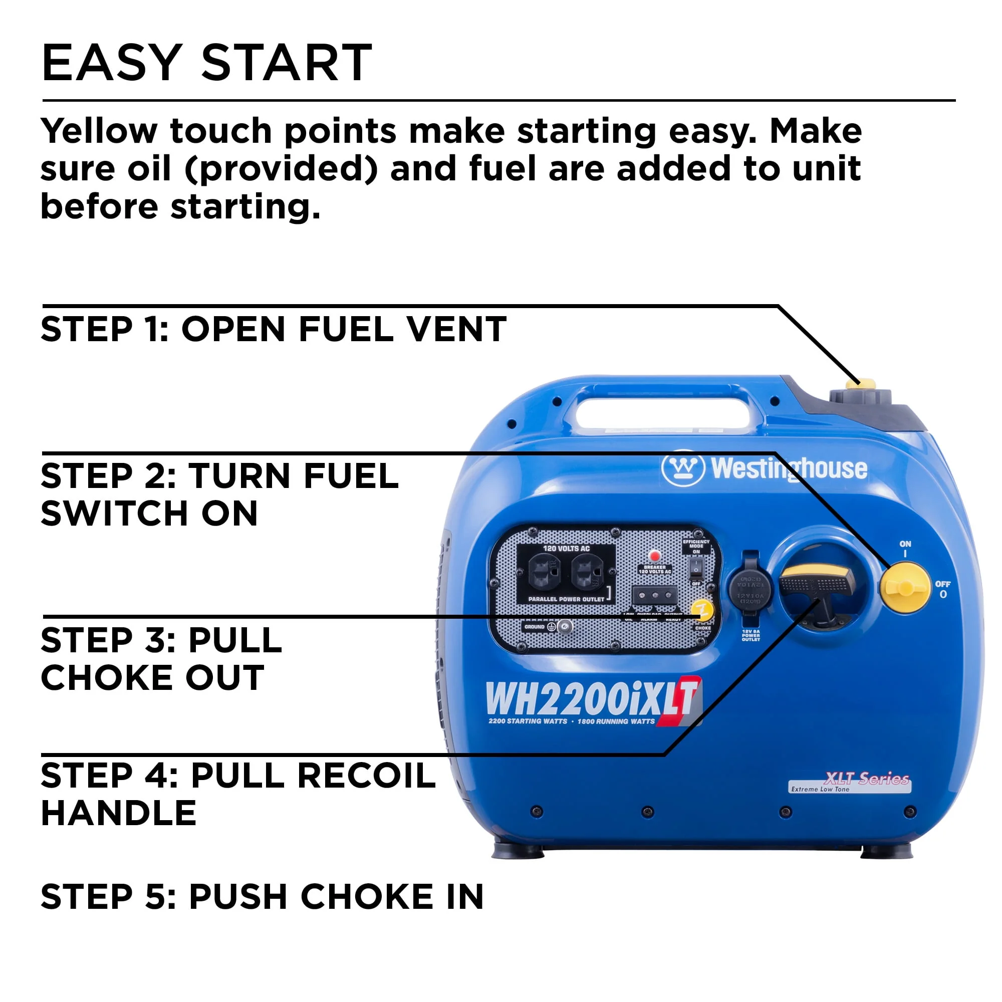 Westinghouse WH2200iXLT Portable Inverter Generator 1800 Rated Watts & 2200 Peak Watts