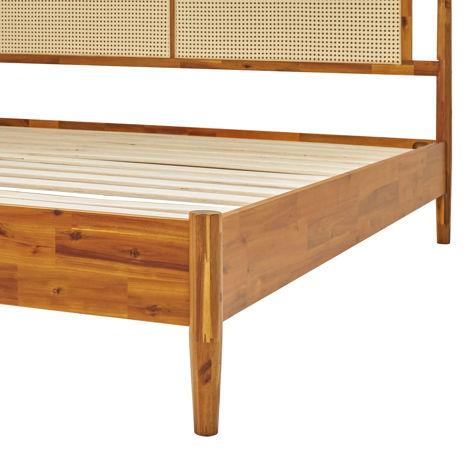 BME Asher 47" Queen Platform Bed Frame, Rattan Headboard, Mid Century and Boho, Solid Wood, Caramel