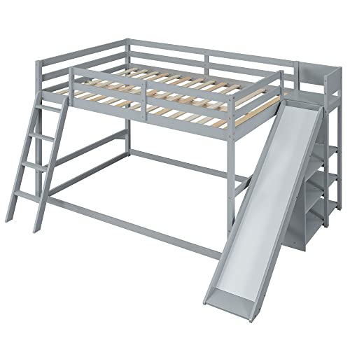 Full-Over-Full Castle Style Bunk Bed with 2 Drawers and 3 Shelves, Wood Bunk Bed Frame with Slide and Storage Staircase for Kids Teens Boys Girls