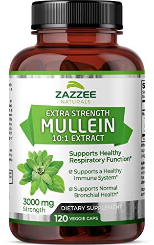 Zazzee Extra Strength Mullein 10:1 Extract, 3000 mg Strength, 120 Vegan Capsules, 4 Month Supply, Concentrated and Standardized 10X Extract