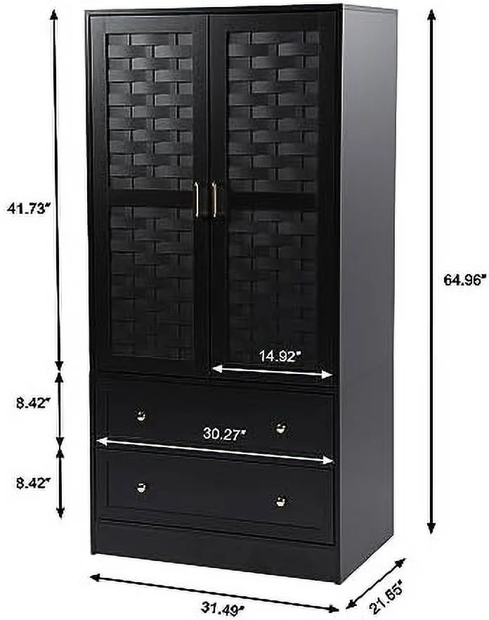 KHBIULIFE Armoire Wardrobe Closet with 2 Woven Doors  Wardrobe Cabinet with 2  Drawers and Hanging Rail  Freestanding Wooden Closet for Bedroom