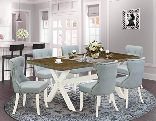 East West Furniture X077SI215-9 9 Piece Dining Room Table Set Includes a Rectangle Kitchen Table with X-Legs and 8 Baby Blue Linen Fabric Parson