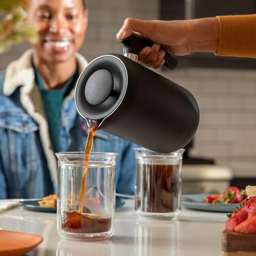 Fellow Clara French Press Coffee Maker - Portable Stainless Steel Coffee Press, Insulated Manual Brewer, Matte Black with Walnut, 24 oz Carafe