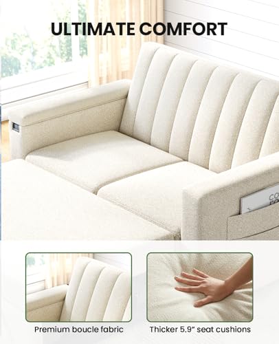 Marsail Sofa Bed, 3-in-1 Convertible Sleeper Sofa, Futon Couch with USB Charging, Side Pockets & Adjustable Backrest, Pull Out Couch for Living Room