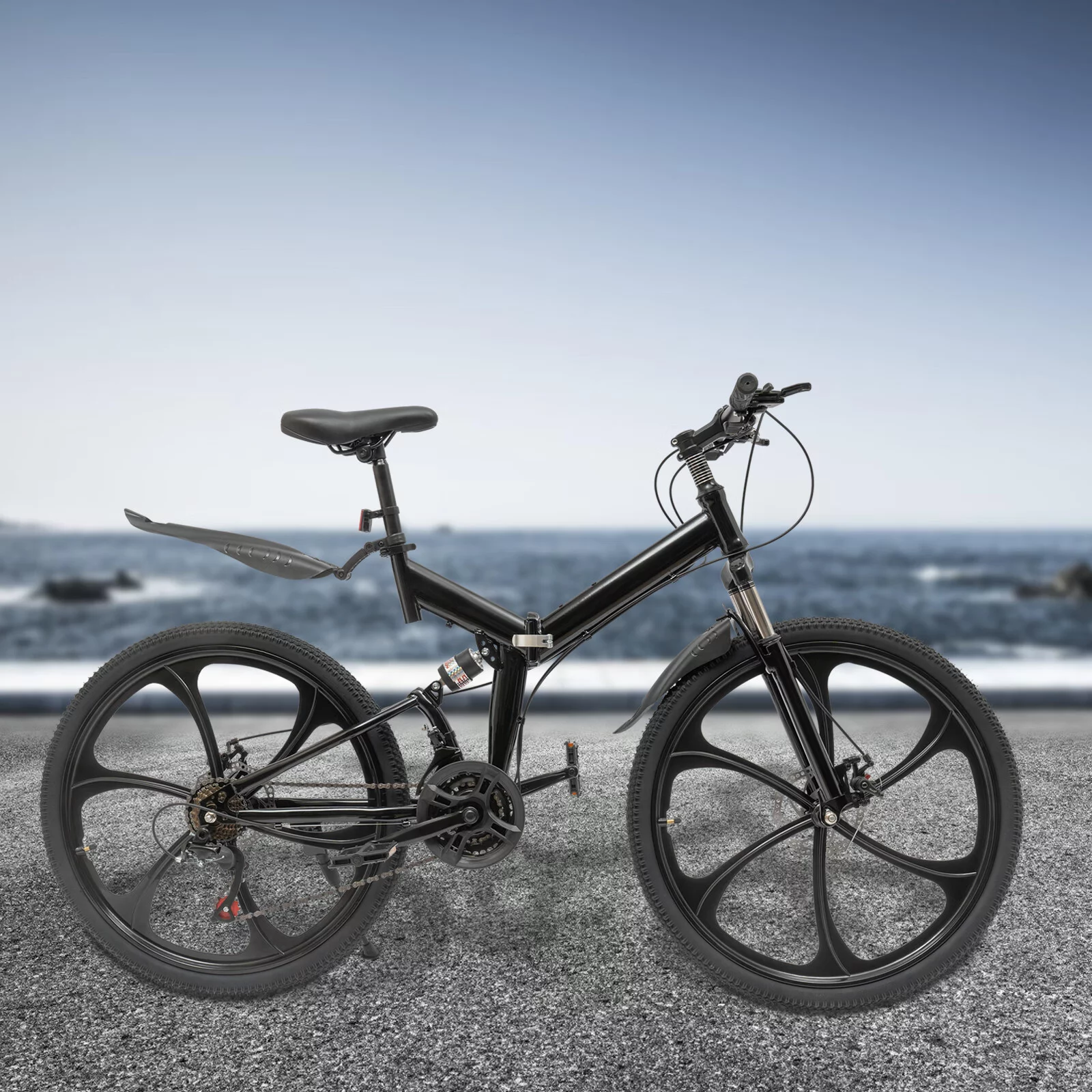 Loyalheartdy 26" Folding Mountain Bike 21 Speed Non-Slip Carbon Steel City Bike Disc Brake Road Rock Mountain Bike Black