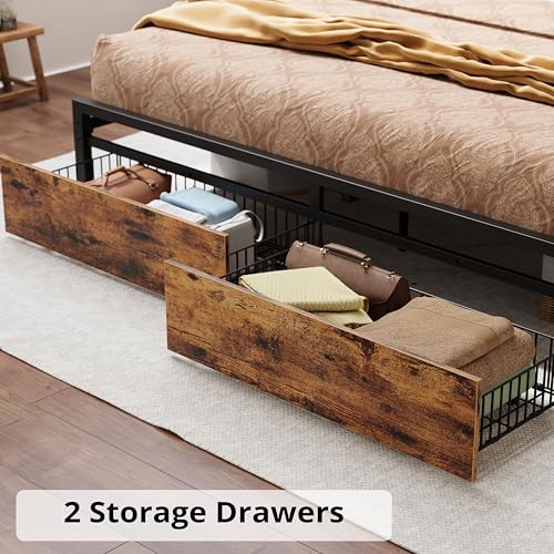 LIKIMIO King Bed Frame with Storage Headboard, Platform Bed with Drawers and Charging Station, No Box Spring Needed, Easy Assembly, Vintage Brown