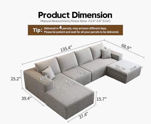 107.5" Cloud Modular Sectional Sofa with 1 Ottoman,Modern Minimalist Upholstered Couches, Comfort U Shaped Sofa for Living Room
