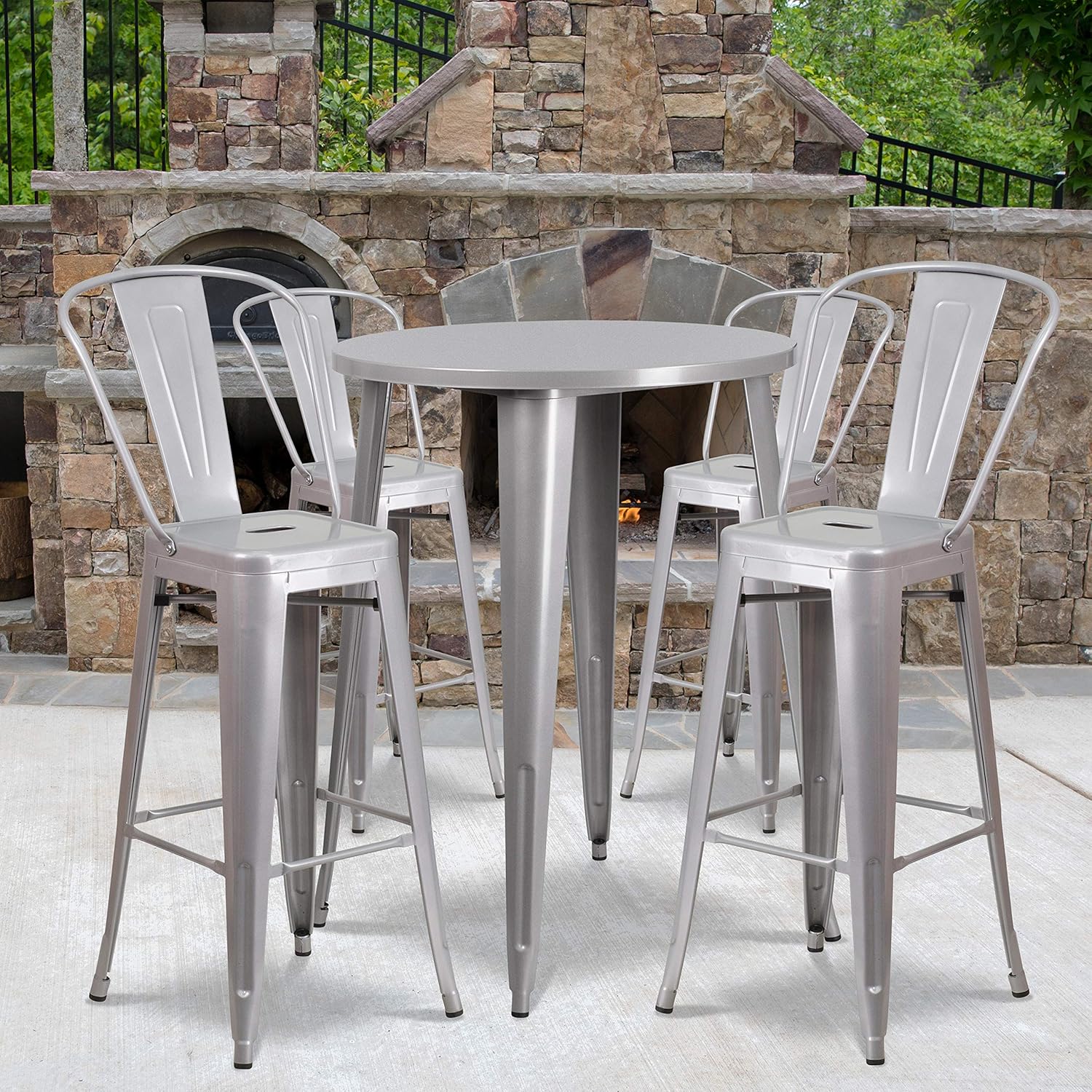 Flash Furniture Commercial Grade 30 Round Silver Metal Indoor-Outdoor Bar Table Set with 4 Cafe Stools