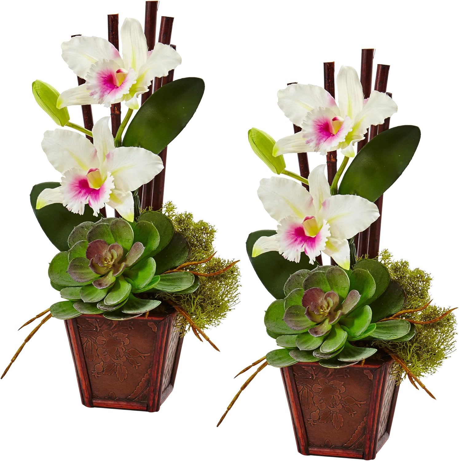 Nearly Natural 1445-S2-WH Cattleya Orchid & Succulent Arrangement (Set of 2)