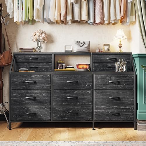 55" W Dresser for Bedroom, Dressers & Chests of Drawers with 13 Fabric Drawers and 2 Open Shelves, Long Vanity Dressers for Bedroom & Closet
