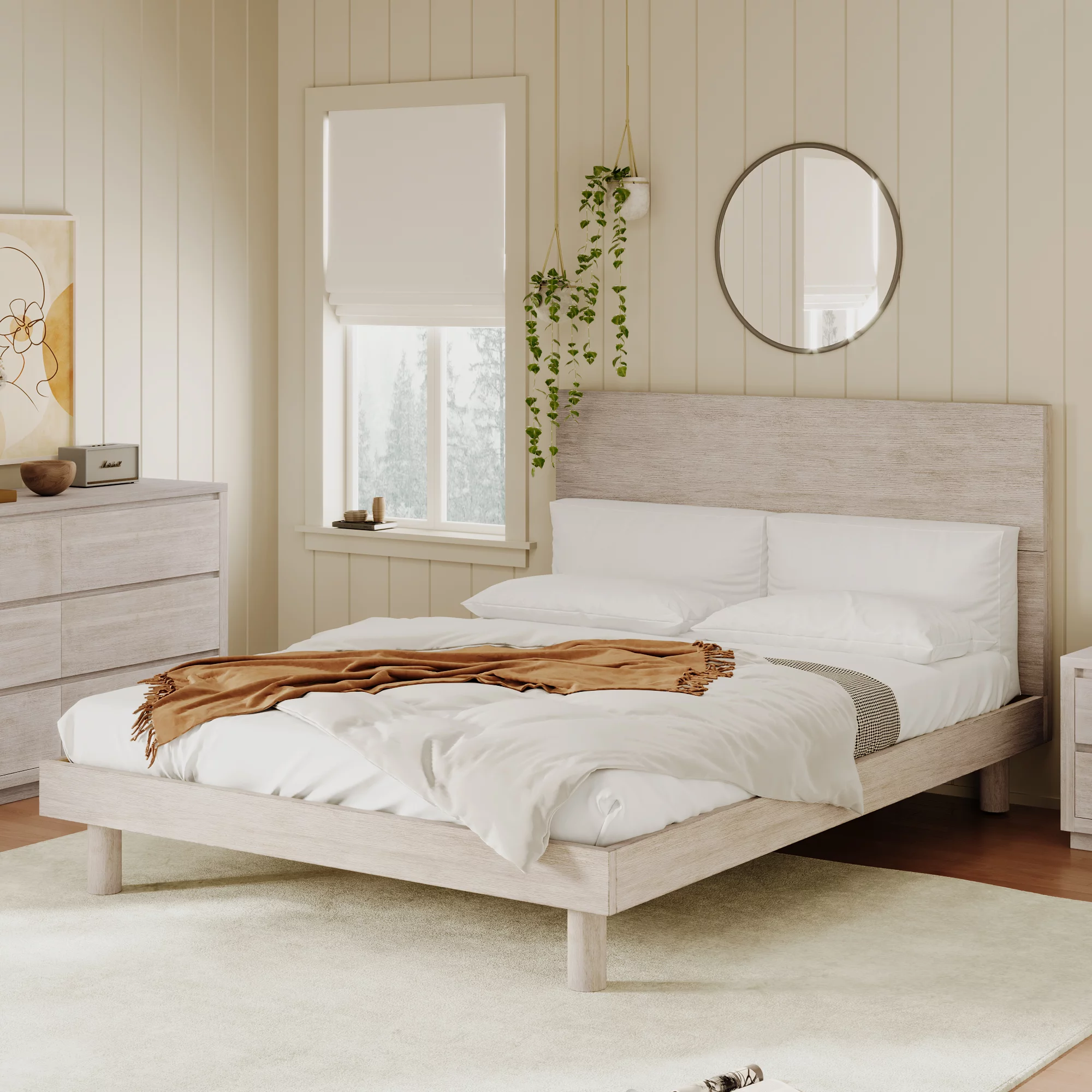 Royard Oaktree Queen Size Platform Bed Frame with Headboard Modern Concise Style Solid Wood Bed Frame with Slats, No Box Spring Needed, Stone Gray