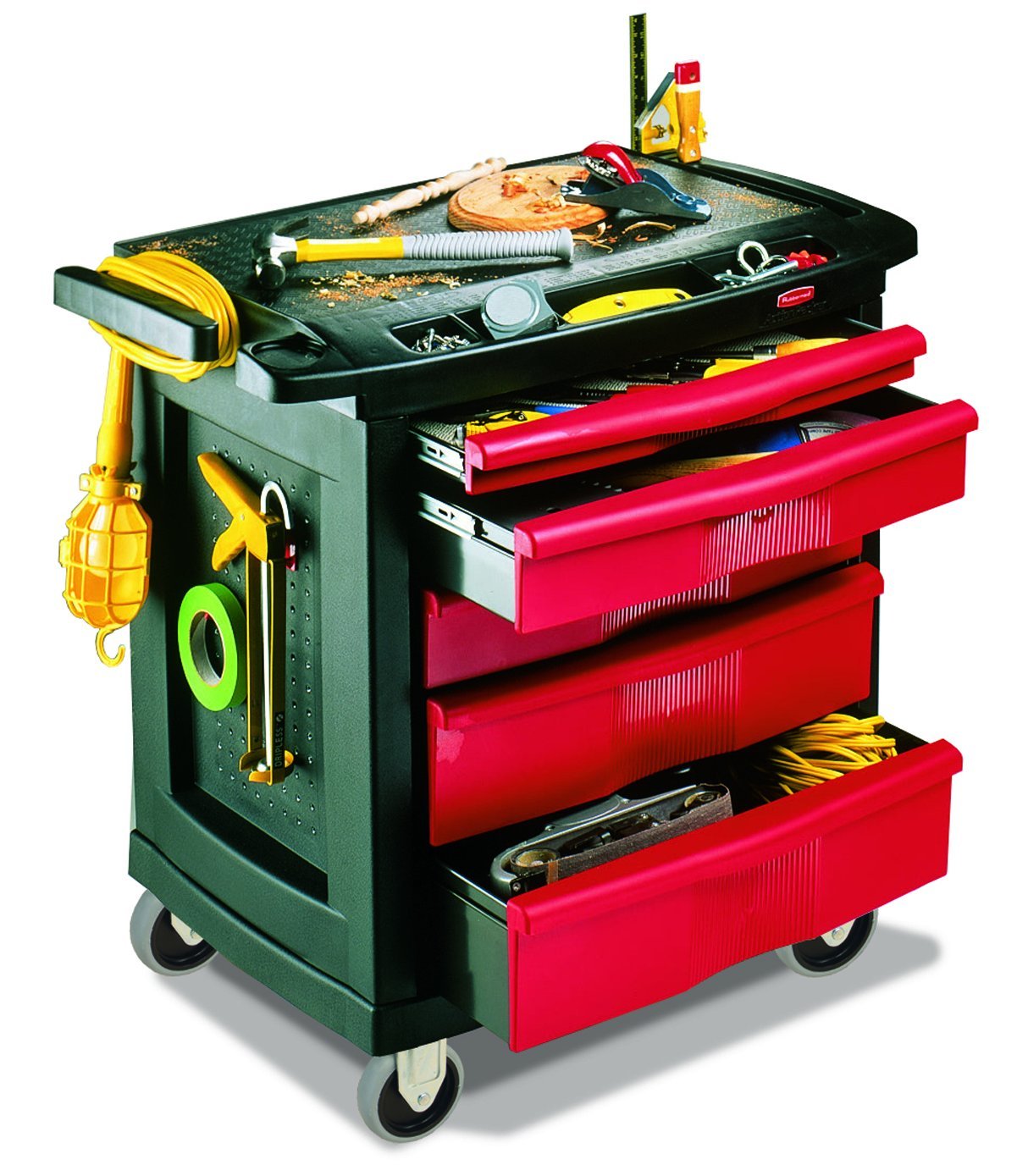 Rubbermaid Commercial Trademaster 5 Drawer Mobile Work Center, 33" L x 20" W x 34" H, Black/Red (FG773488BLA)