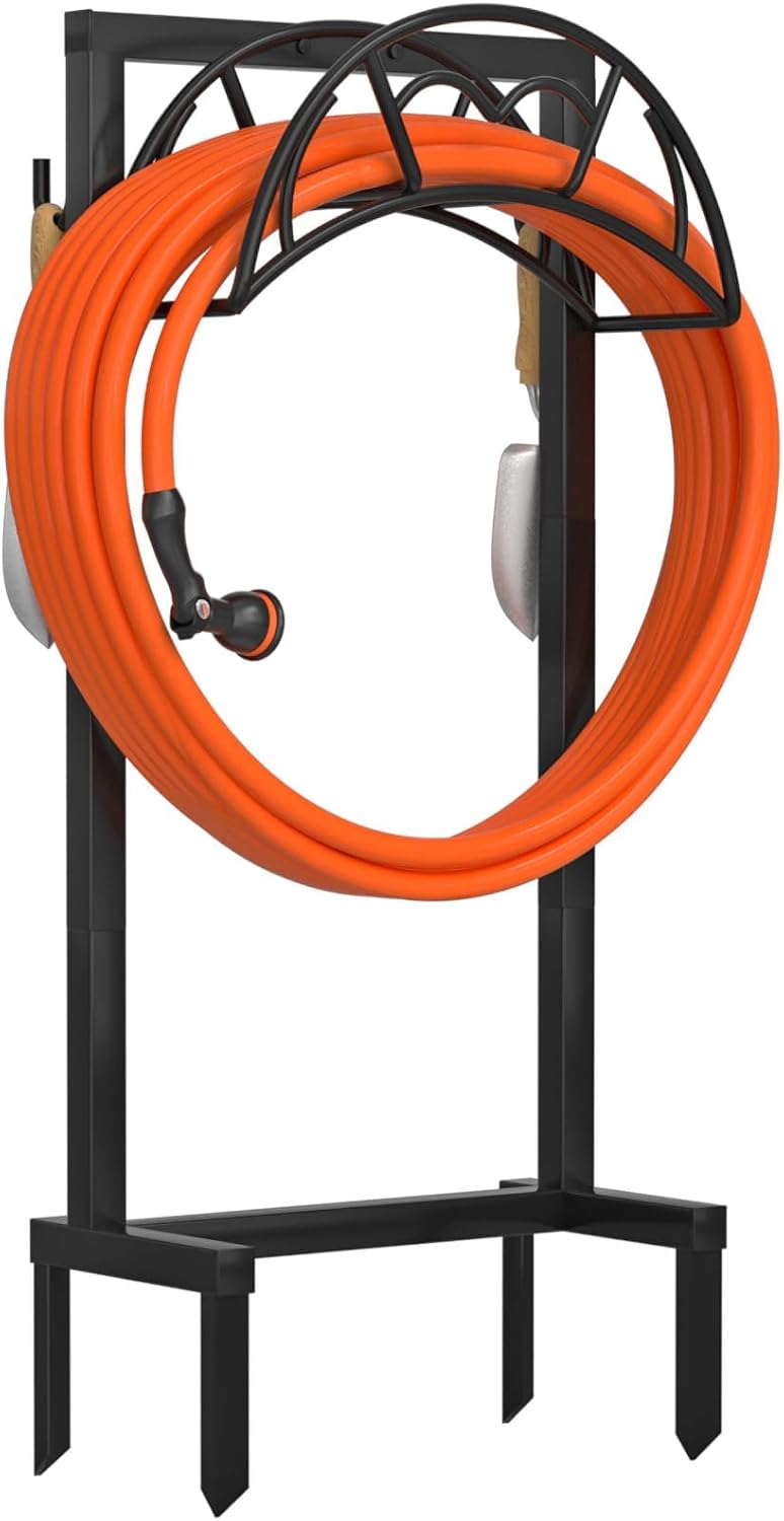 Garden Hose Holder, Freestanding Heavy Duty Water Hose Holder for Outside, Upgraded Metal Hose Stand with 4 Spikes