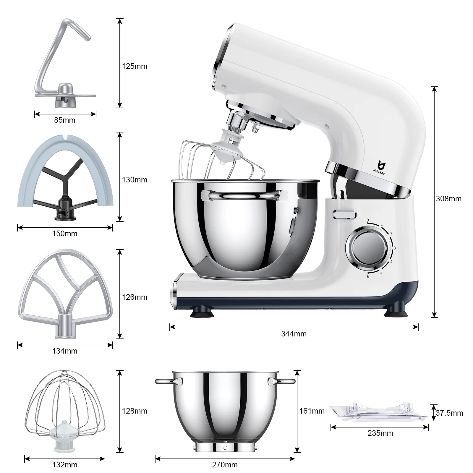 UTALENT 6 Adjustable Speeds Electric Stand Mixer with Flex Edge Beater, Egg Whisk, Dough Hook, Flat Beater