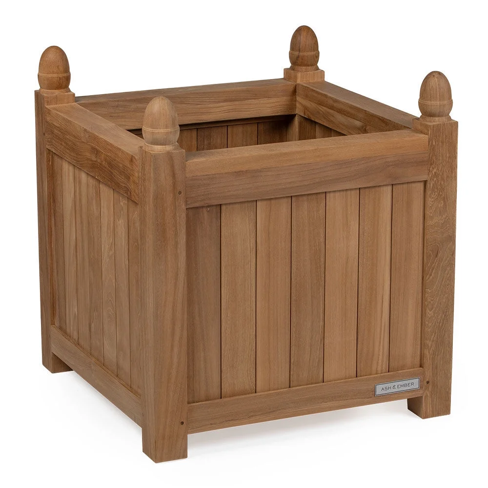 Ash & Ember Grade A Teak 25in Square Planter Box, Indoor Outdoor Large Cubed Flower Box, Weather Resistant Backyard Decor