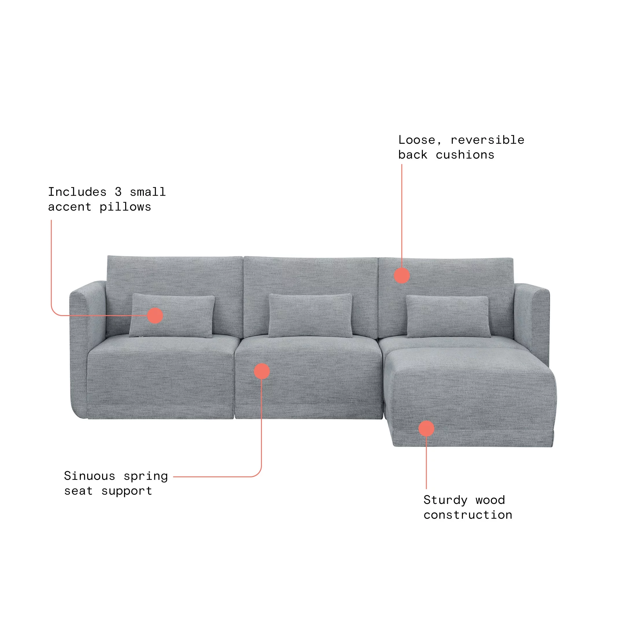 Beautiful Drew Modular Sectional Sofa with Ottoman by Drew Barrymore, Gray Fabric