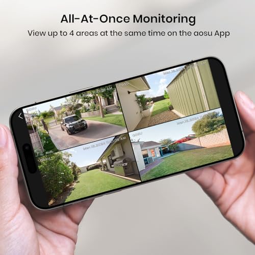 AOSU Security Cameras Outdoor Wireless, 4 Cam-Kit, No Subscription, Solar-Powered, Home Security Cameras System with 360° Pan & Tilt, Auto Tracking