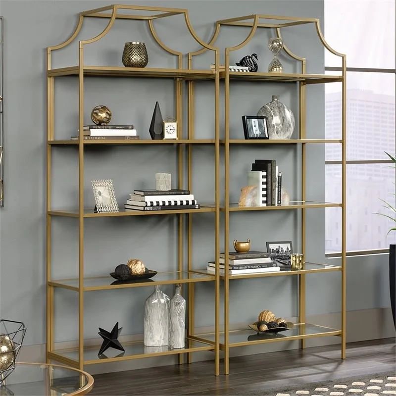 Home Square 5 Shelf Metal Framed Bookcase in Satin Gold (Set of 2)