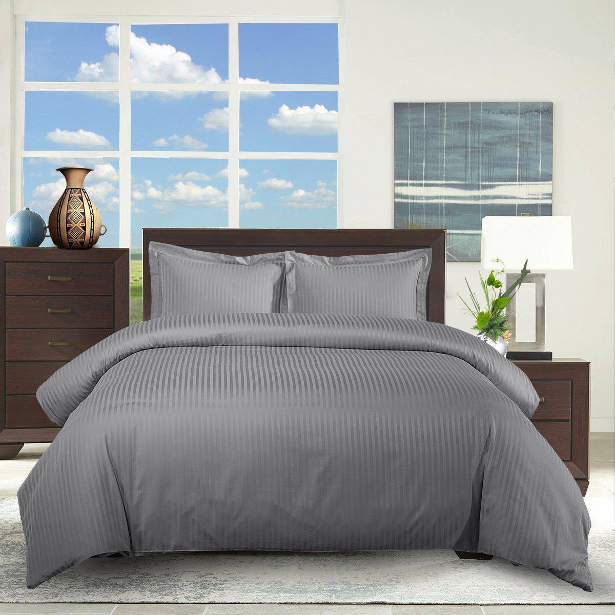 Striped Duvet Cover Set 100% Cotton 300 Thread Count King/Calking / Black