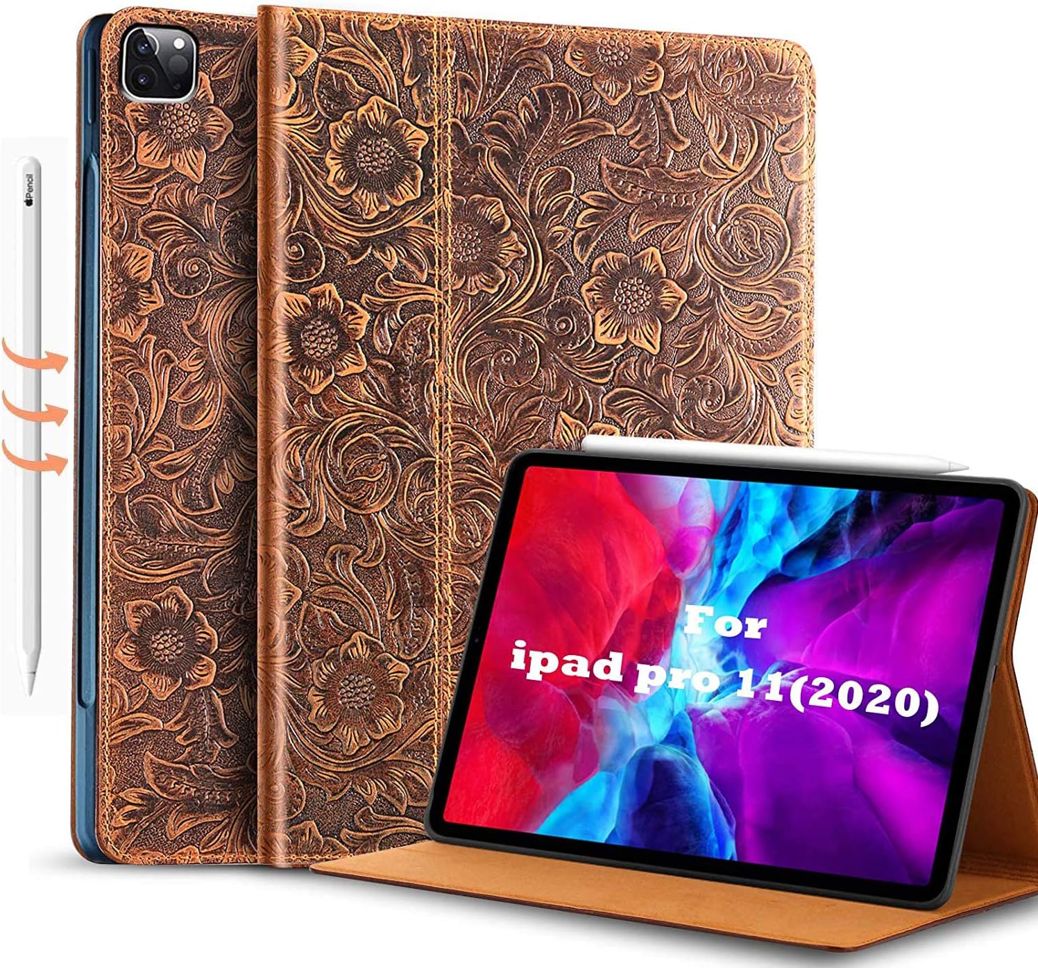Gexmil for New iPad Pro 11 Case 2nd Generation 2020&2018, Made from Real Leather Cover Cowhide,Pattern-Brown