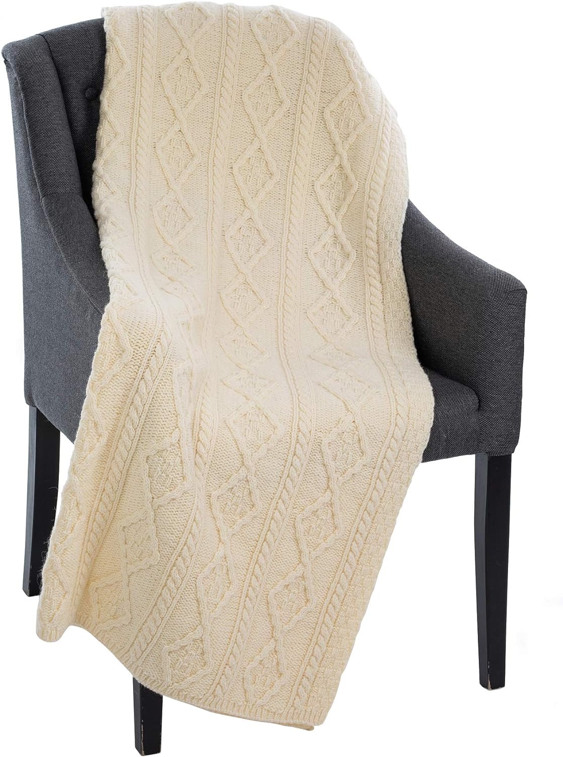 Merino Wool - Aran Knit Couch Throw Blanket 40" X 60" (102 X 152 Cm) (Natural)