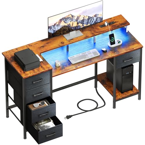 47 Inch Computer Gaming Desk with Power Outlets LED Lights Reversible Home Office with Adjustable Fabric Storage Drawers for Working Writing Study
