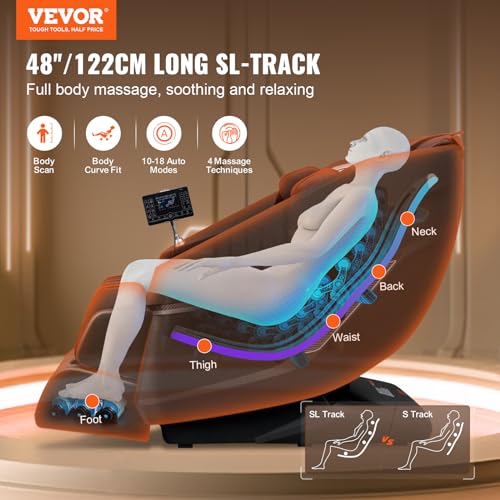 VEVOR Full Body Massage Chair, SL-Track Zero Gravity Massage Recliner, 3D Shiatsu, Body Scan, Heating, Bluetooth Speaker, Airbags for Living Room