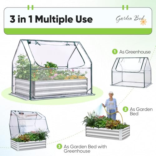 Quictent Raised Garden Bed Galvanized Raised Beds for Gardening Vegetables with Cover 8x4x1 ft Metal Planter Box Outdoor Use (Clear)