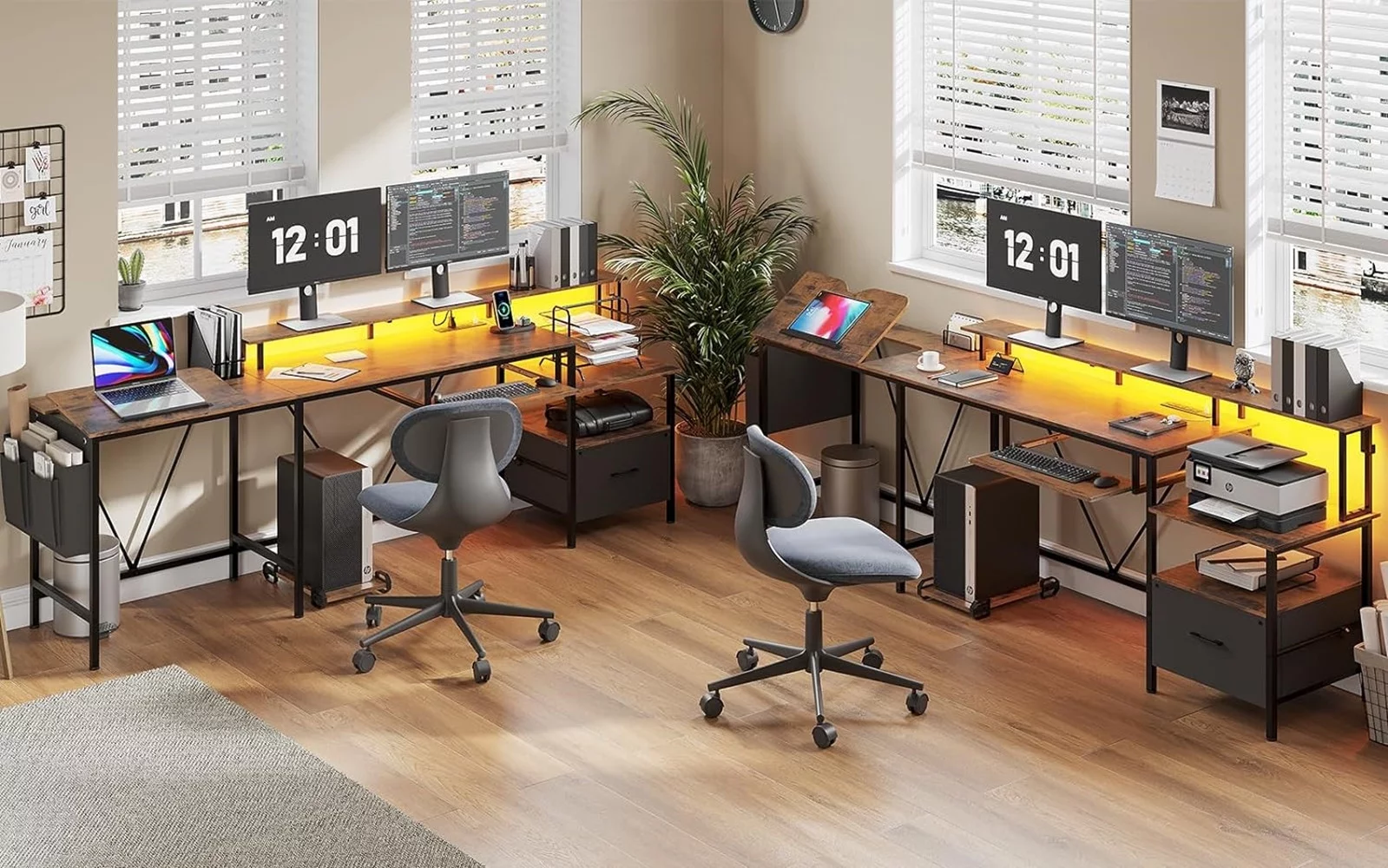 AOGLLATI 95" Reversible Corner Office Desk with Storage, Adjustable Drafting Table, L Shaped Gaming Desk with Power Outlet and LED Light