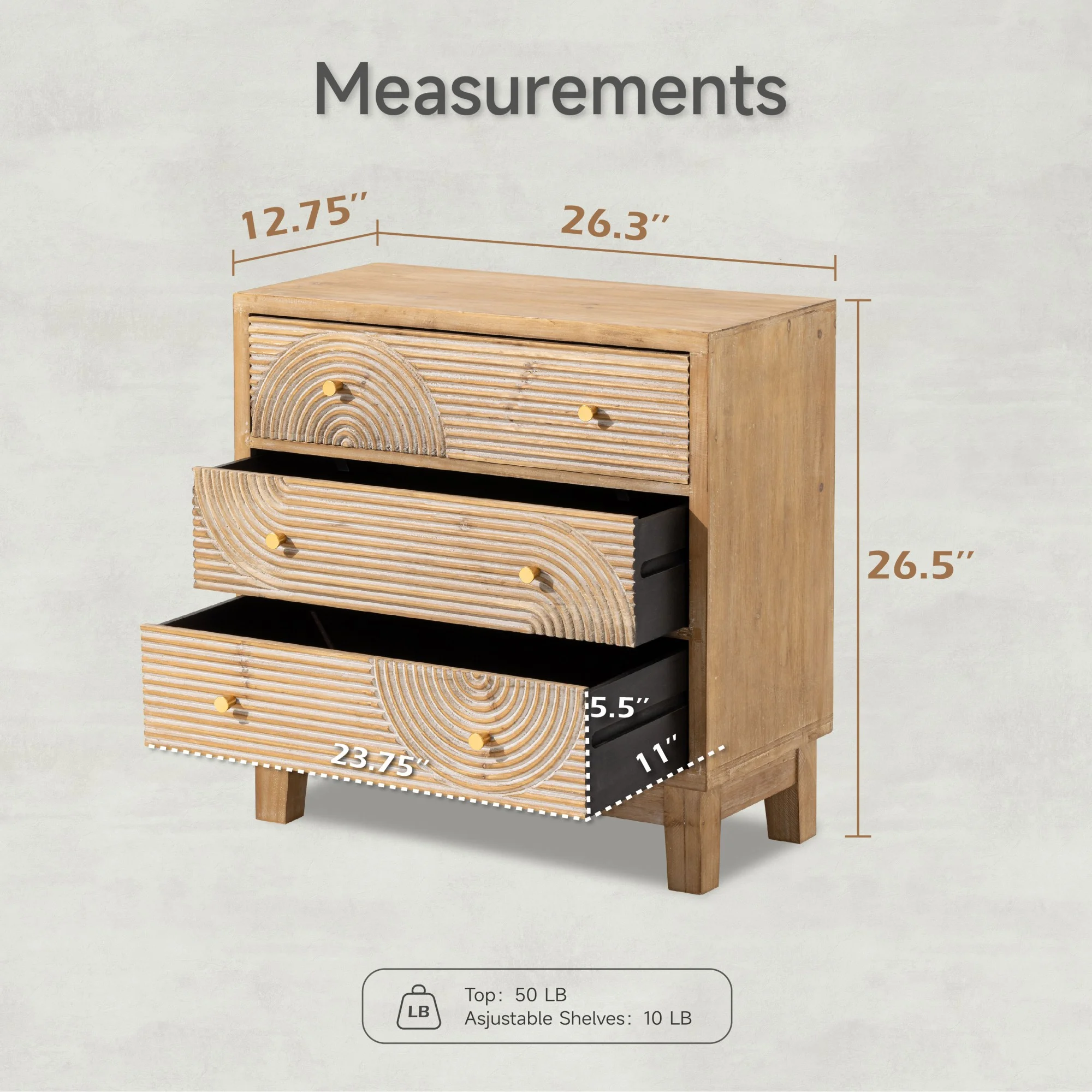 COZAYH 3-Drawer Farmhouse Dresser with Handicraft Wood Ring Motif, Fully Assembled Nightstand Wooden Finish for Boho, Mid-century, Rustic Style
