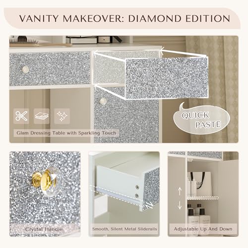 Vanity Desk with Mirror and Lights, Diamond Edition Vanity Desk, Makeup Vanity Table with 3 Drawers & 5 Open Shelves