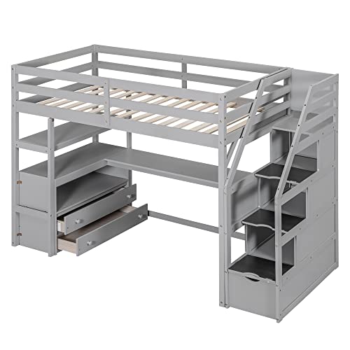 Twin Loft Bed with Staircase, Desk and Wardrobe, Wood Loft Bed with Storage Shelves and Safety Guardrail