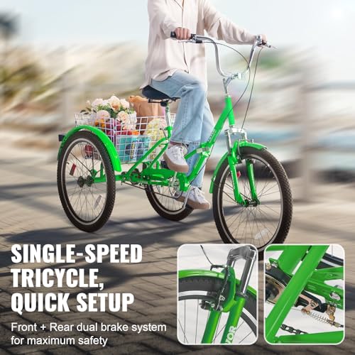 VEVOR Folding Adult Tricycle, 24-Inch Adult Folding Trikes, Carbon Steel 3 Wheel Cruiser Bike with Large Basket & Adjustable Seat