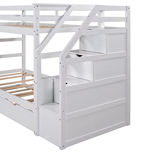 Ball & Cast Twin-Over-Twin Bunk Bed with Twin-Size Trundle and 3 Storage Stairs,Wood Bunkbed w/Full-Length Guardrails,Slat Support