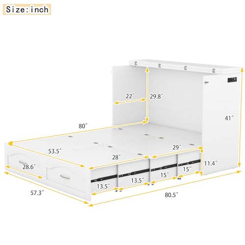 Queen Size Murphy Wall Bed with Storage, Bookcase Headboard, Solid Wood Cabinets, Shelves, Drawers and USB Ports