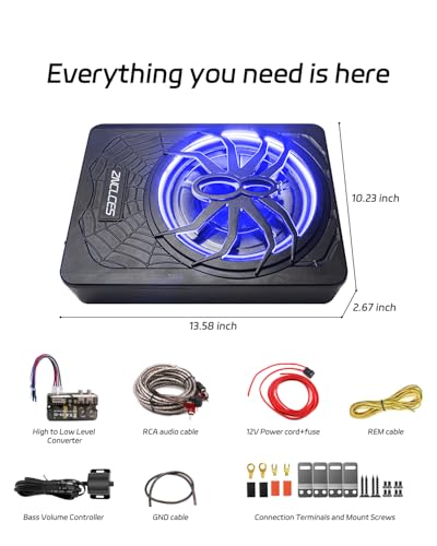 2025 Upgraded 10"1200W Slim Under Seat Powered Car Subwoofer, Car/Truck Sub Built in Amplifier for outstanding Heat Dissipation