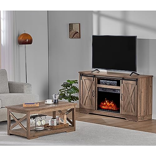 AMERLIFE 5-Piece Farmhouse Table Set Includes Fireplace TV Stand, Coffee Table& Two End Tables with Charging Station and USB Ports, for Living Room