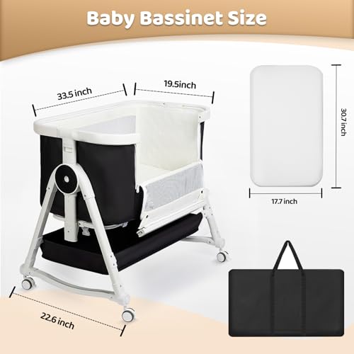 4 in 1 Baby Bassinet, Bassinet Bedside Sleeper with Wheels and Storage Basket, Adjustable 7 Heights Bedside Sleeper with Changing Station