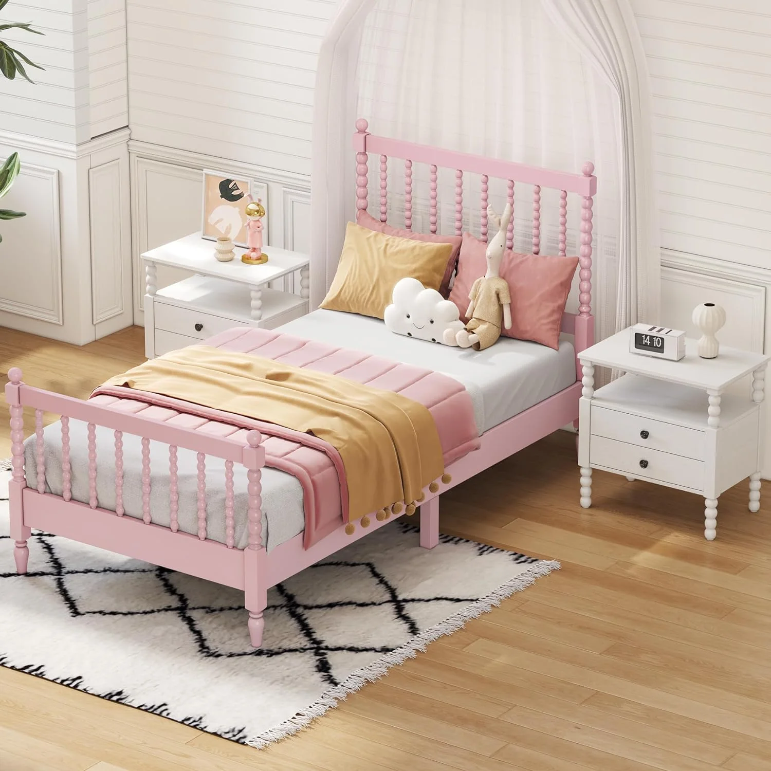 C 3 Pcs Bedroom Set With 2 Nightstands, Size Bed Frame With Gourd Shaped Headboard And Footboard, Solid Wood Platform Bed, No Spring Box Required,